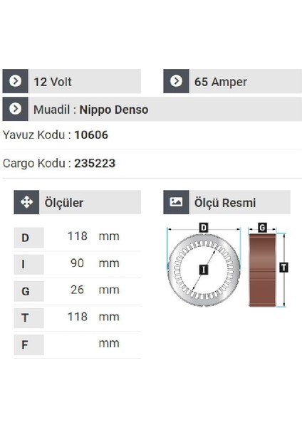 160412 Statör 12V 65A Toyota Corolla-Corona-Honda Accort Klimalı