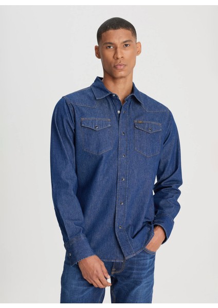 Regular Fit Koyu Lacivert Erkek Denim Gömlek L241513401 Uzun Kollu Jean Gömlek modelleri