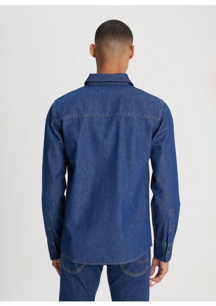 Regular Fit Koyu Lacivert Erkek Denim Gömlek L241513401 Uzun Kollu Jean Gömlek