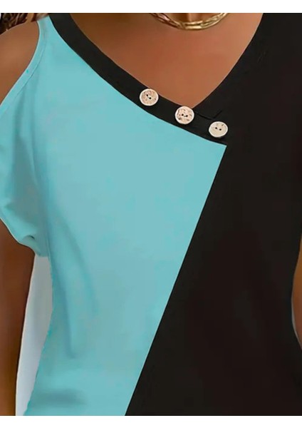 Kadın Kısa Kollu V Yakalı Omuzları Açık Düğme Detay Viskon Bluz fiyatları