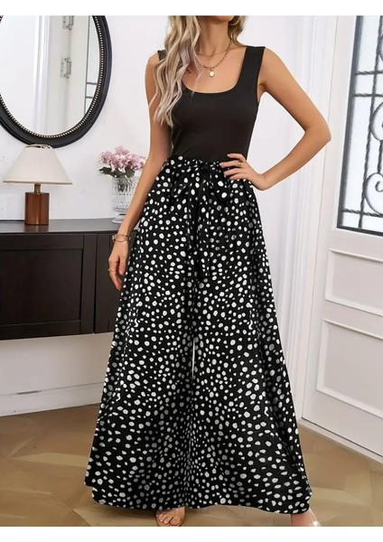 Kadın Askılı Kare Yaka Üstü Düz Altı Desenli Bol Paça Sandy Tulum