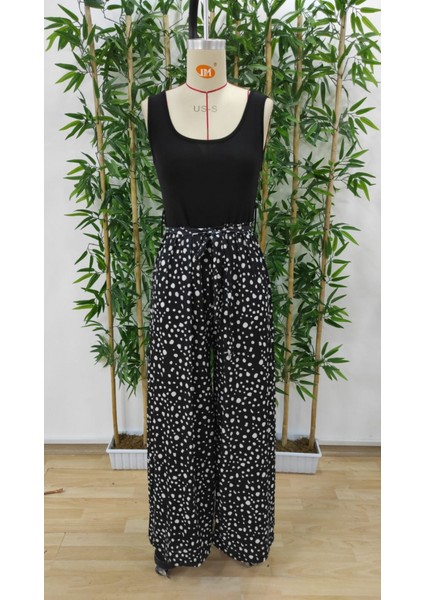 Kadın Askılı Kare Yaka Üstü Düz Altı Desenli Bol Paça Sandy Tulum indirimleri