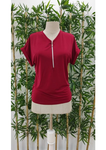 Kadın Kısa Kollu V Yaka Fermuarlı Salaş Sandy Bluz indirimleri