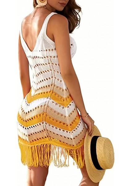 Kadın Sıfır Kol Askılı Renkli Şerit Desen Eteği Püsküllü Triko Pareo Elbise fırsatları