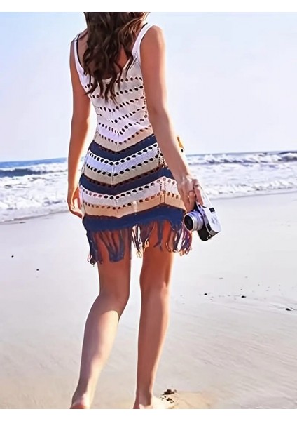 Kadın Kolsuz Renkli Şerit Desen Eteği Püsküllü Triko Pareo Elbise modelleri