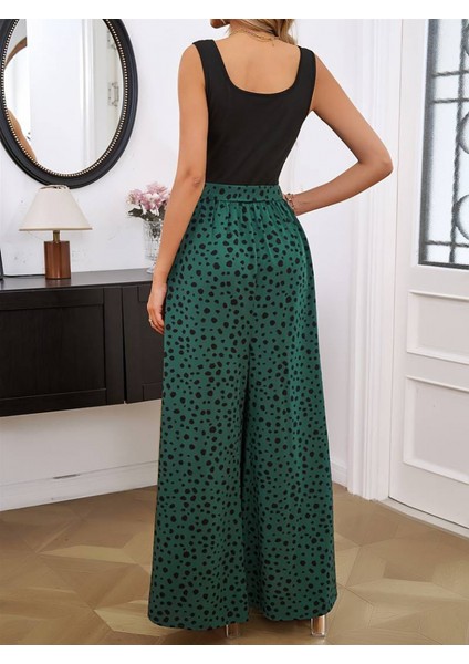 Kadın Askılı Kare Yaka Üstü Düz Altı Desenli Bol Paça Sandy Tulum modelleri