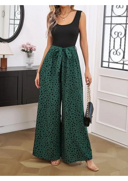 Kadın Askılı Kare Yaka Üstü Düz Altı Desenli Bol Paça Sandy Tulum fırsatları