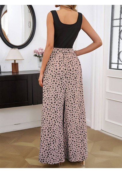 Kadın Askılı Kare Yaka Üstü Düz Altı Desenli Bol Paça Sandy Tulum modelleri