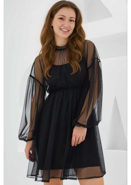 Kadın Siyah Jüpon Iç Astarlı Tül Detaylı Mini Elbise HZL24S-BD124851
