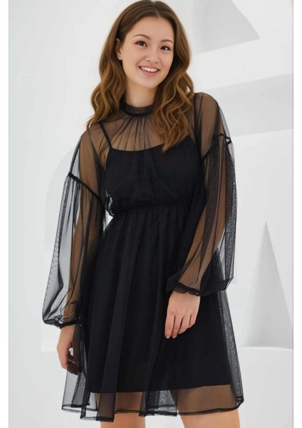 Kadın Siyah Jüpon Iç Astarlı Tül Detaylı Mini Elbise HZL24S-BD124851 fiyatları