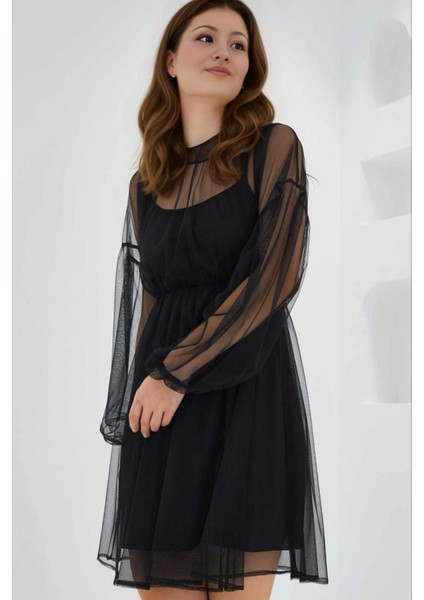 Kadın Siyah Jüpon Iç Astarlı Tül Detaylı Mini Elbise HZL24S-BD124851 modelleri