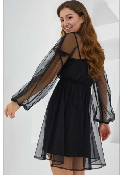 Kadın Siyah Jüpon Iç Astarlı Tül Detaylı Mini Elbise HZL24S-BD124851 fırsatları