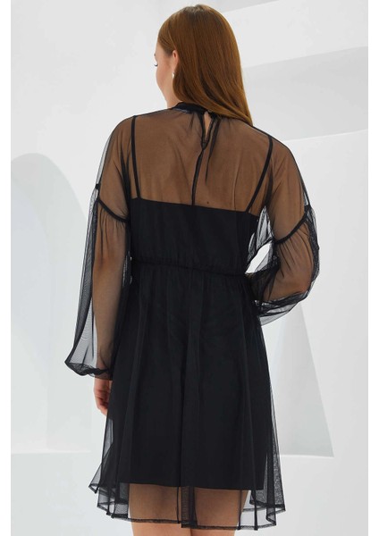 Kadın Siyah Jüpon Iç Astarlı Tül Detaylı Mini Elbise HZL24S-BD124851 indirimleri