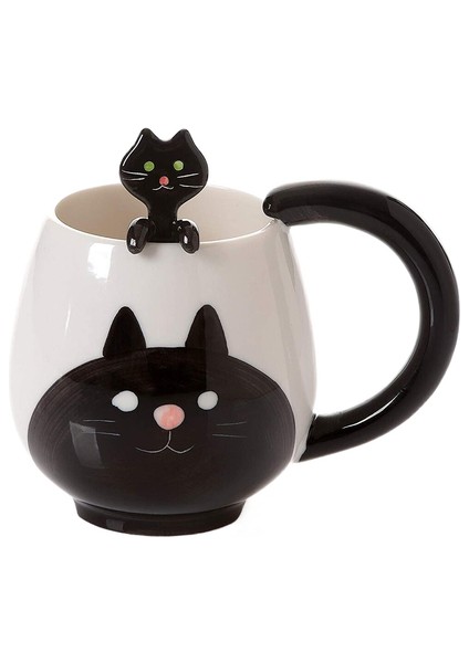 12 Oz Kedi Kupa ve Kaşık, Kedi Kupa, Süt Için Sevimli Hayvan Kupa, Kahve, Içme Suyu | Kupalar (Siyah) (Yurt Dışından)