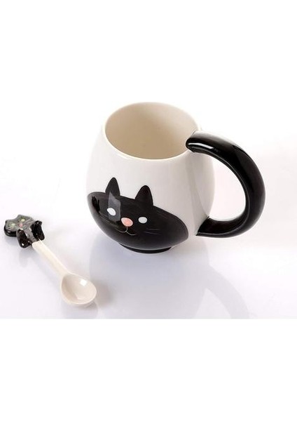 12 Oz Kedi Kupa ve Kaşık, Kedi Kupa, Süt Için Sevimli Hayvan Kupa, Kahve, Içme Suyu | Kupalar (Siyah) (Yurt Dışından)