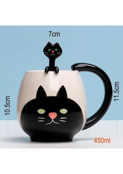 12 Oz Kedi Kupa ve Kaşık, Kedi Kupa, Süt Için Sevimli Hayvan Kupa, Kahve, Içme Suyu | Kupalar (Siyah) (Yurt Dışından)