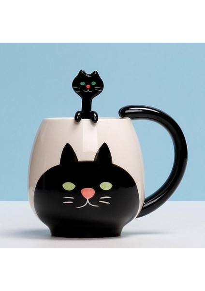 12 Oz Kedi Kupa ve Kaşık, Kedi Kupa, Süt Için Sevimli Hayvan Kupa, Kahve, Içme Suyu | Kupalar (Siyah) (Yurt Dışından)
