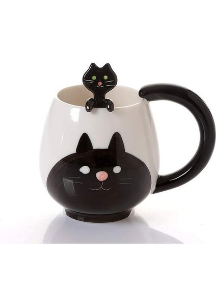 12 Oz Kedi Kupa ve Kaşık, Kedi Kupa, Süt Için Sevimli Hayvan Kupa, Kahve, Içme Suyu | Kupalar (Siyah) (Yurt Dışından)