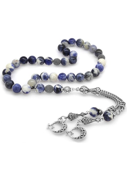 Kararmaz Metal Ayyıldız Püsküllü Küre Kesim Sodalit Doğaltaş Tesbih