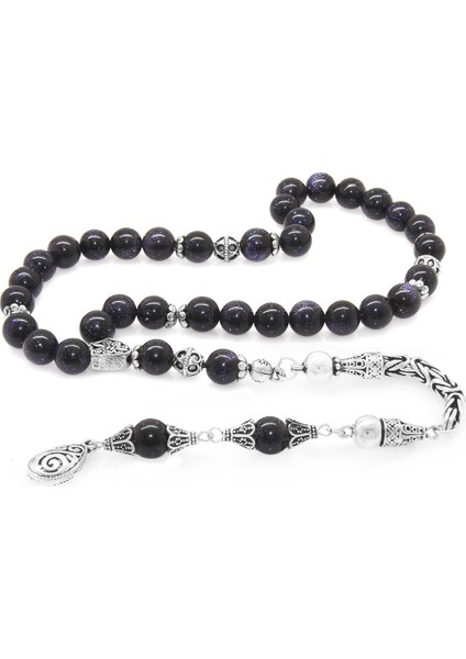 Koleksiyonluk 925 Ayar Gümüş Püsküllü Küre Kesim Mavi Yıldız Taşı Doğaltaş Tesbih