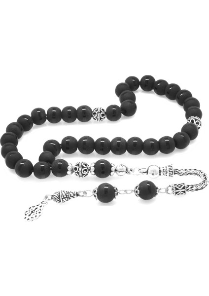 925 Ayar Gümüş Püsküllü Küre Kesim Ortası Çizgili Oniks Doğaltaş Tesbih