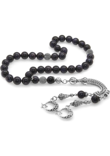 Kararmaz Metal Ayyıldız Püsküllü Küre Kesim Mavi Yıldız Taşı Doğaltaş Tesbih