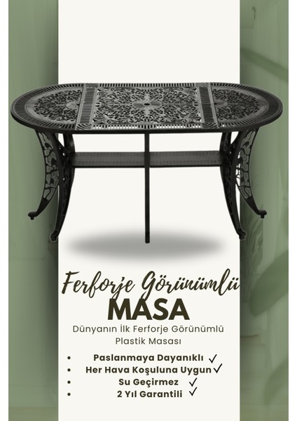 Ferforje Görünümlü Plastik Oval Siyah Masa ve Sandalye, Bahçe, Balkon ve Dış Mekanda Kullanılabilir, 2 Yıl Garantili, 150KG Taşıma Kapasiteli, Plastik Oval Masa ve Sandalye Takımı