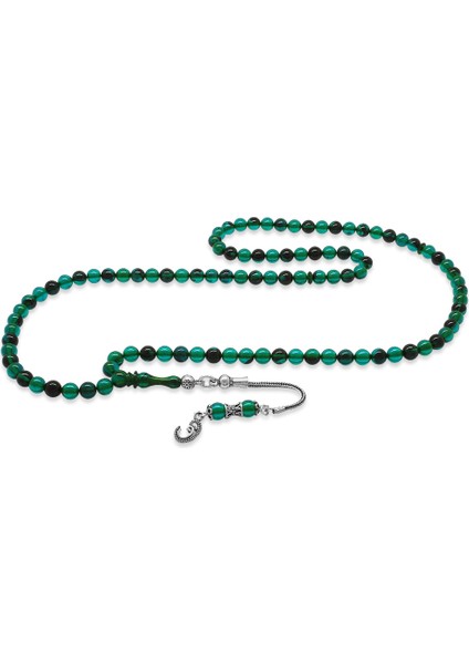 925 Ayar Gümüş Püsküllü Küre Kesim Turkuaz-Siyah Ateş Kehribar 99'luk Tesbih