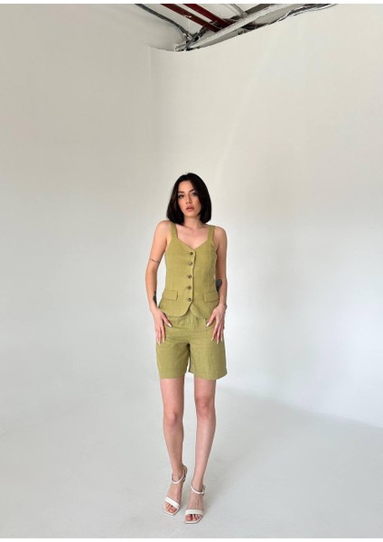 Haki Casual &100 Keten Askılı yelek- Şort Takım