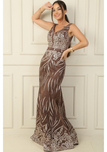 Kalın Askılı Hayalet Tüllü Astarlı Simli Uzun Elbise