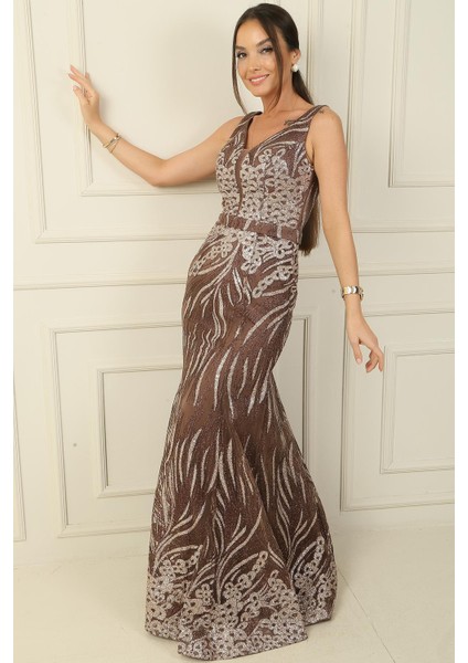 Kalın Askılı Hayalet Tüllü Astarlı Simli Uzun Elbise fiyatları