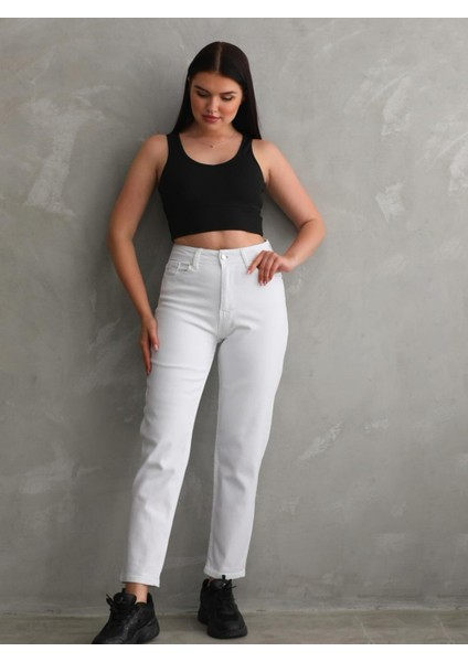 Düz Basic Mom Beyaz Pantolon