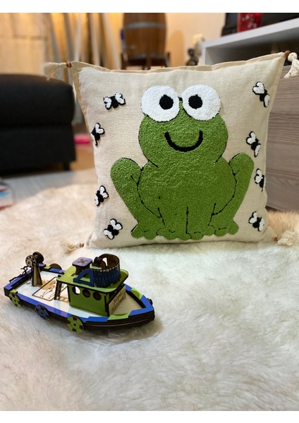 Punch Işleme Kırlent Kılıf,yeşil Kurbağa Desen 43 x 43CM