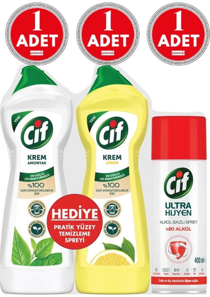 Krem Temizleyici 750 ml Amonyak + 750 ml Limon + 400 ml Dezenfektan Sprey Set