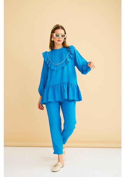 Luxe Fırfırlı ve Taşlı Keten Mavi Tunik Pantolon Takım