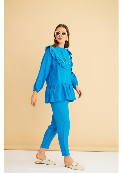 Luxe Fırfırlı ve Taşlı Keten Mavi Tunik Pantolon Takım modelleri