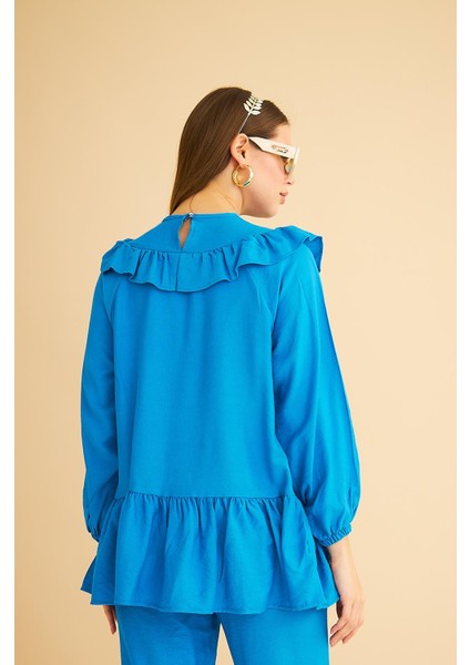 Luxe Fırfırlı ve Taşlı Keten Mavi Tunik Pantolon Takım fırsatları