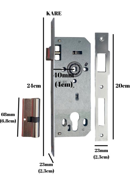 Silindirli Kare 40MM Gömme Giriş Kapısı Kilidi Çelik Kapı KILIDI(23MMX40MM Barel Dahil Takım)