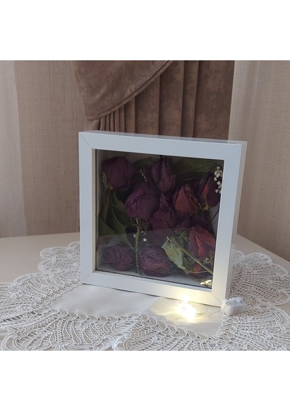 20X20X5 cm Ledli Beyaz Anı Çerçevesi! Yeni Moda Çiçek Anı Çerçevesi!