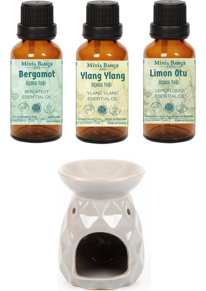 Bergamot Yağı 10ML, Ylang Ylang Yağı 10ML, Limon Otu Yağı 10ML ve Buhurdanlık