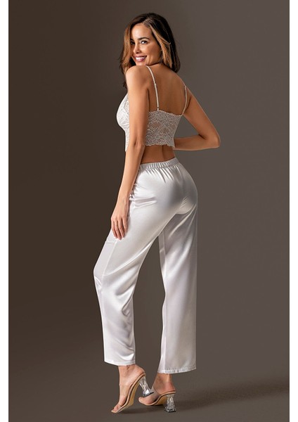 Beruflic Saten 3'lü Ekru Büstiyer Pijama Takımı
