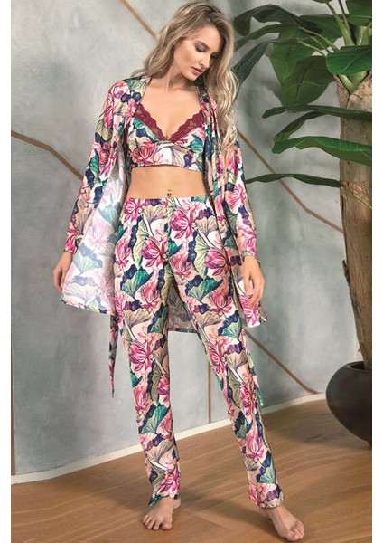 Floral Desenli Bralet Sütyenli Saten Pijama Sabahlık Takımı 5627