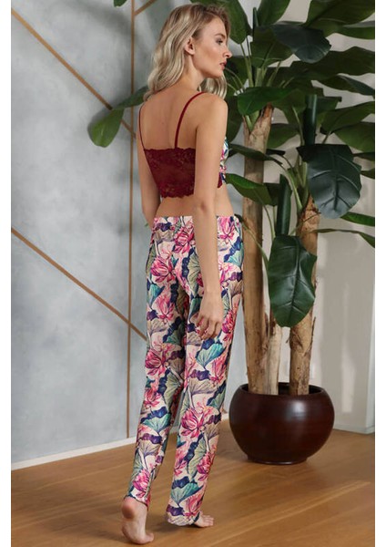 Floral Desenli Bralet Sütyenli Saten Pijama Sabahlık Takımı 5627