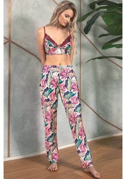 Floral Desenli Bralet Sütyenli Saten Pijama Sabahlık Takımı 5627