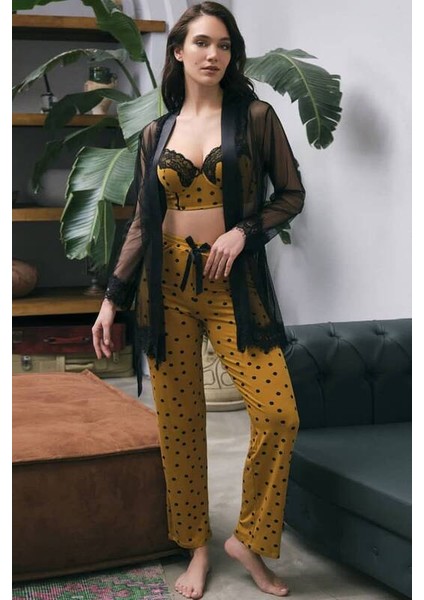 Dantelli Sabahlık Balenli Destekli Dolgulu Puantiyeli Büstiyer Sütyen ve Pantolon Pijama 3 Lü Takım 5667