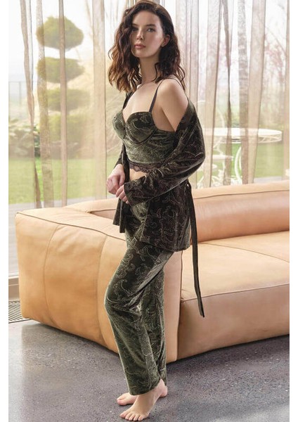 Kadife Sabahlık Balenli Destekli Dolgulu Dantelli Büstiyer Sütyen ve Pantolon Pijama 3 Lü Takımm 5632 fırsatları
