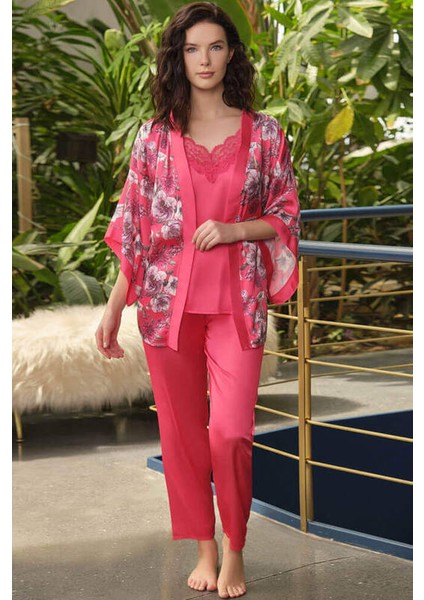 Saten Çiçek Baskılı Sabahlık Dantelli Atlet ve Pantolon Pijama 3'lü Takım 5645