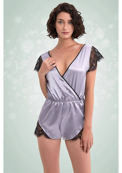 Gri Dantel Detaylı Saten Şort Tulum 3358