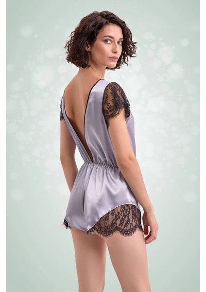 Gri Dantel Detaylı Saten Şort Tulum 3358 fırsatları