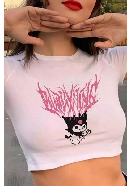 Harajuku Fashion Anime Kuromi Sanrio Beyaz Crop T-Shirt